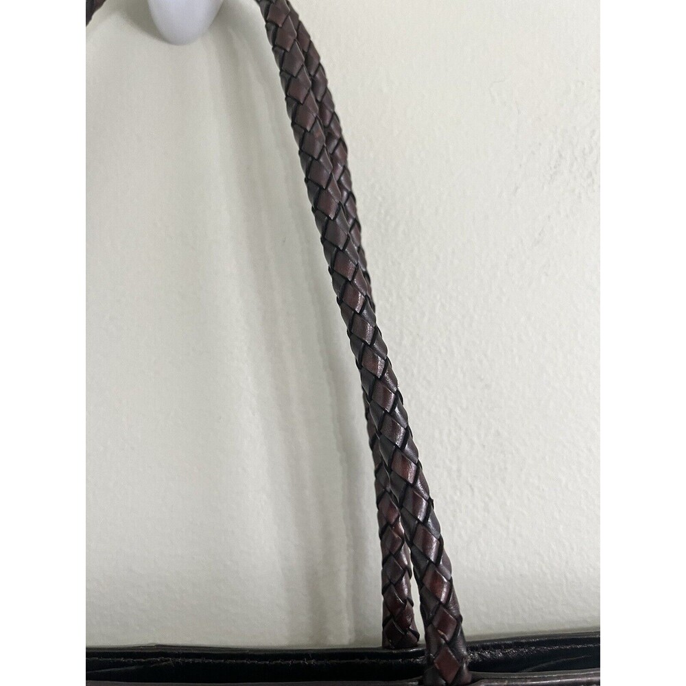 Falor Le Borse Purse Leather Brown 2 Woven 10" Handles Zip Made in Italy - Picture 3 of 13